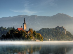 Góry, Bled, Słowenia, Mgła, Kościół, Jezioro