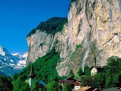 Góry, Kościół, Domy, Las, Lauterbrunnen, Wodospad