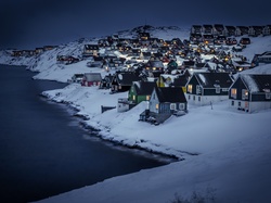 Góry, Noc, Zima, Wybrzeże, Miasteczko, Norwegia