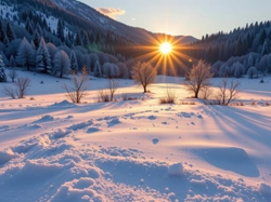 Góry, Drzewa, Wschód słońca, Zima, Grafika AI, Poranek, Pole, Las