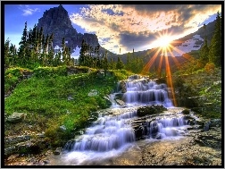 Wodospad, Góry, Słońce