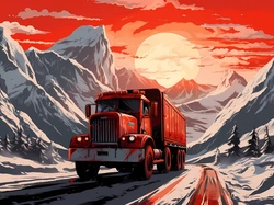 Zachód słońca, Ciężarówka, Góry, Grafika, Zima
