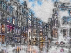 Domy, Grafika, Amsterdam, Rzeka, Holandia