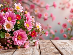 Deski, Różowe, Kwiaty, Grafika AI, Bukiet