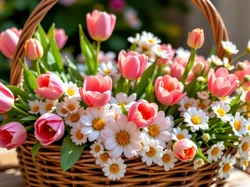 Koszyk, Tulipany, Stokrotki, Grafika AI, Bukiet