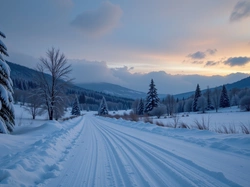 Góry, Zima, Droga, Grafika AI, Drzewa