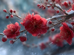 Śnieg, Czerwone, Kwiaty, Grafika AI, Gałązki