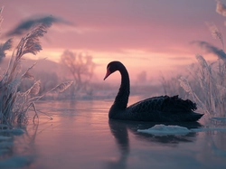 Trawy, Czarny, Łabędź, Grafika AI, Jezioro