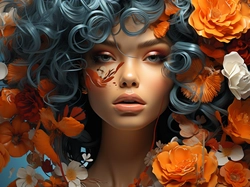 Kobieta, Pomarańczowe, Kwiaty, Grafika