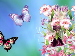 Grafika, Motyle, Kwiaty, Kolorowe, Laleczka
