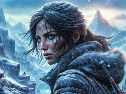 Grafika AI, Zima, Misja, Lara Croft, Kurtka, Kaptur, Góry