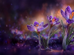 Krople, Fioletowe, Krokusy, Grafika AI, Kwiaty