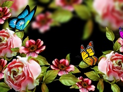 Kwiaty, Róże, Motyle, Grafika