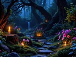Grafika, Al, Różowe, Rośliny, Kamienie, Kwiaty, Las, Świece, Drzewa