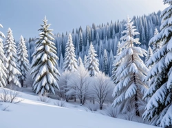 Drzewa, Zima, Zbocze, Grafika AI, Las