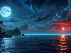 Księżyc, Grafika, Morze, Chmury, Noc