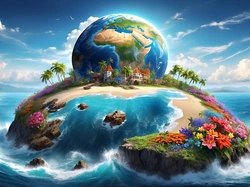 Palmy, Wyspa, Morze, Grafika, Planeta, Ziemia, Kwiaty