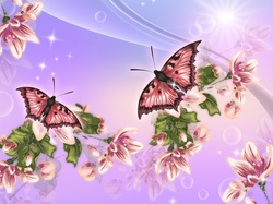 Grafika 2D, Kwiaty, Motyle, Słońce
