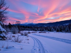 Grafika AI, Góry, Łąka, Zima, Drzewa, Ośnieżona, Zachód słońca