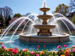 Wiosna, Fontanna, Kwiaty, Grafika AI, Park