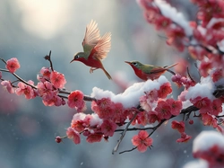 Grafika AI, Gałązka, Kwiaty, Zielono-czerwone, Ptaki, Czerwone, Śnieg