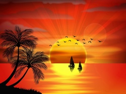Grafika 2D, Morze, Zachód Słońca, Palmy