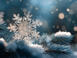 Śnieg, Śnieżynka, Gałązki, Grafika AI, Sosna