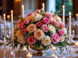 Stół, Róże, Bukiet, Grafika AI, Świece