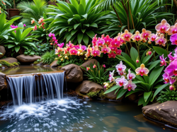 Grafika AI, Storczyki, Kolorowe, Kamienie, Oczko wodne, Kwiaty, Rośliny