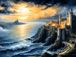 Fantasy, Słońce, Zamek, Grafika, Morze, Skały, Chmury