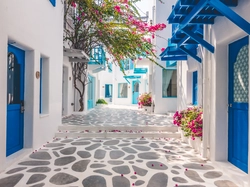 Uliczka, Niebieskie, Domy, Grecja, Santorini, Białe, Drzwi
