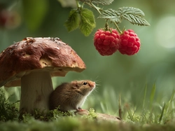 Myszoskoczek, Grzyb, Maliny, Grafika AI