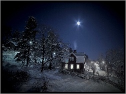 Gwiazda, Drzewa, Domek, Śnieg
