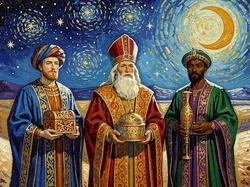 Gwiazdy, Mędrcy, Księżyc, Mężczyźni, Grafika Religijna, Noc, Trzej Królowie, Dary