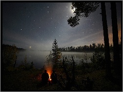 Gwiazdy, Jezioro, Wieczór, Ognisko