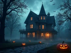Nietoperze, Halloween, Dynie, Mgła, Dom