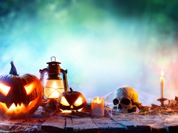 Halloween, Świece, Lampa, Dynie, Czaszka