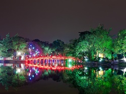 Hanoi, Drzewa, Noc, Rzeka, Wietnam, Mostek