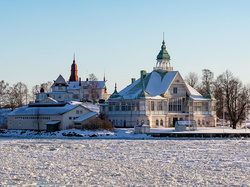 Drzewa, Helsinki, Śnieg, Restauracja, Finlandia, Wyspa Valkosaari, Zima