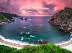 Plaża, Playa del Silencio, Asturia, Zachód słońca, Góry, Morze, Hiszpania, Zatoka, Skały