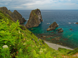 Japonia, Skały, Hokkaido, Punkt widokowy Shimamui Coast, Roślinność, Morze, Półwysep Shakotan