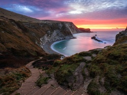Morze, Skały, Zatoka Man OWar, Anglia, Zachód słońca, Schody, Hrabstwo Dorset, Góry