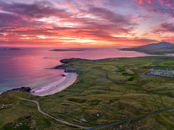 Chmury, Morze, Plaża, Hrabstwo Donegal, Irlandia, Tra Dhearg Beach, Wybrzeże, Zachód słońca