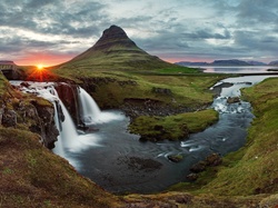 Islandia, Wschód słońca, Rzeka, Wodospad, Góry