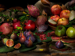 Jabłka, Liście, Kompozycja, Granaty, Owoce, Figi