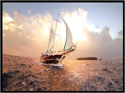 Jacht, Słońca, Zachód, Morze
