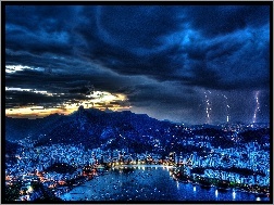 Noc, Góry, Chmury, Miasta, Panorama, Rzeka, Rio de Janerio