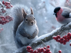 Zima, Wiewiórka, Gałąź, Jarzębina, Gil, Grafika AI