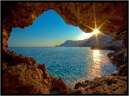 Jaskinia, Zachód, Morze, Słońca
