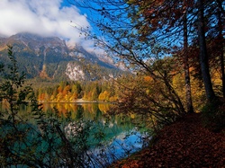 Jesień, Jezioro Tovel, Lasy, Góry, Włochy